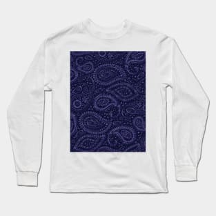 Pretty Bohemian Art Paisley Floral Pattern Shades of Blue on Navy Blue Long Sleeve T-Shirt